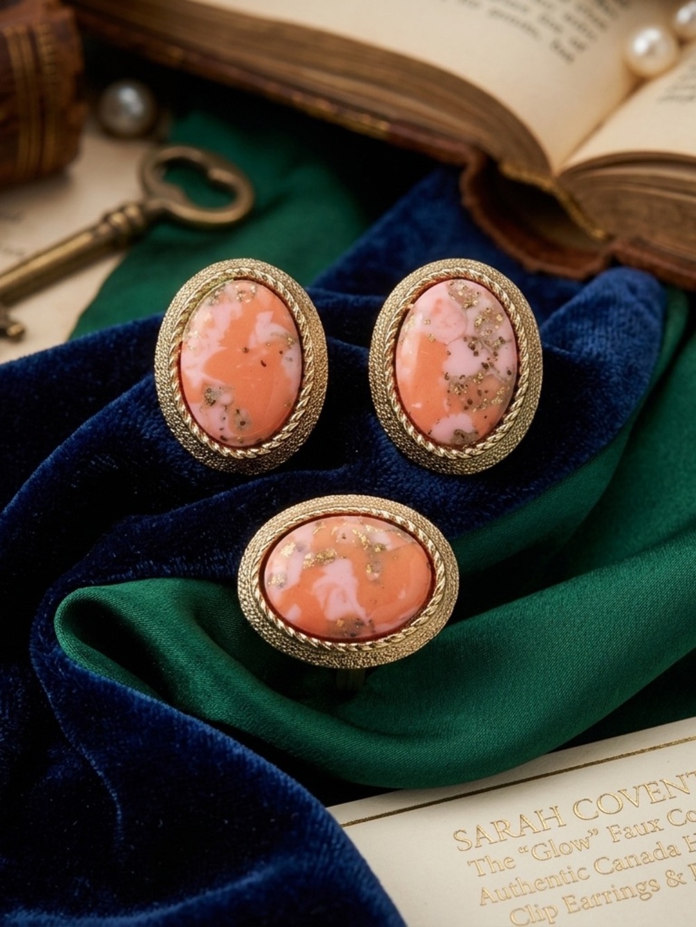 Vintage Sarah Coventry "Glow" Pink Faux Coral Ring & Earrings Set
